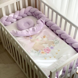 Set lenjerie pentru Patut Bebe din 6 piese Iepuras mov